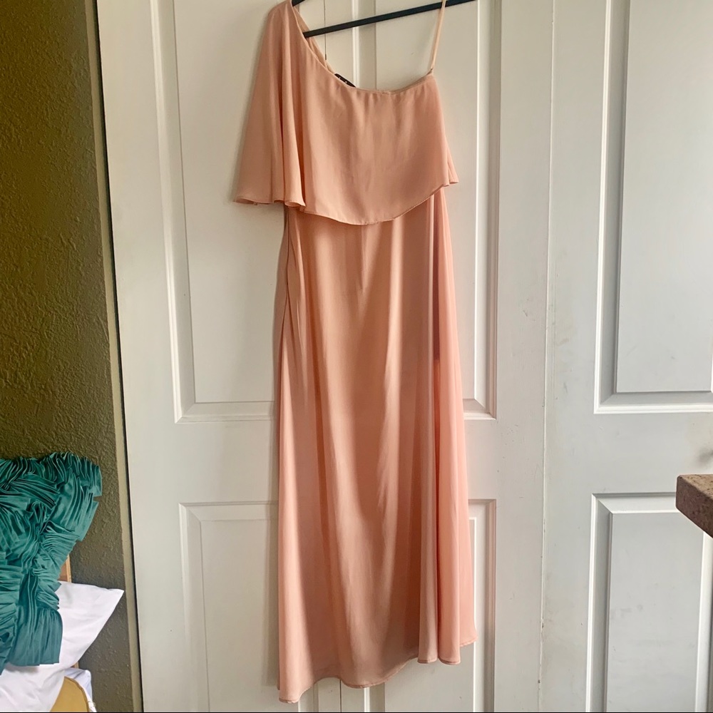 Lulu’s One-Shoulder Maxi Blush Bridesmaid Dress